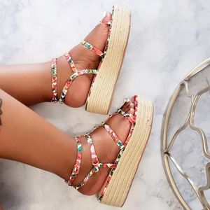 Floral print studded platform sandals